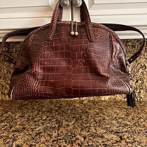 Croc-Embossed Brown Leather Satchel Bag